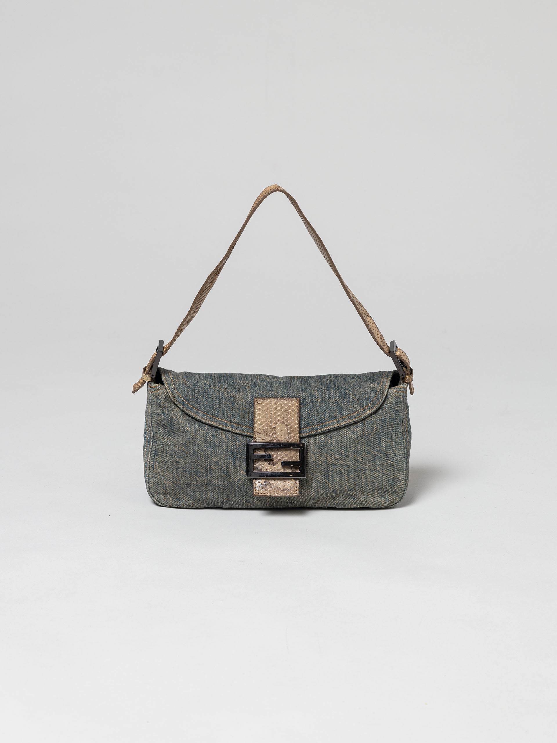 Fendi Denim Python Baguette Bag