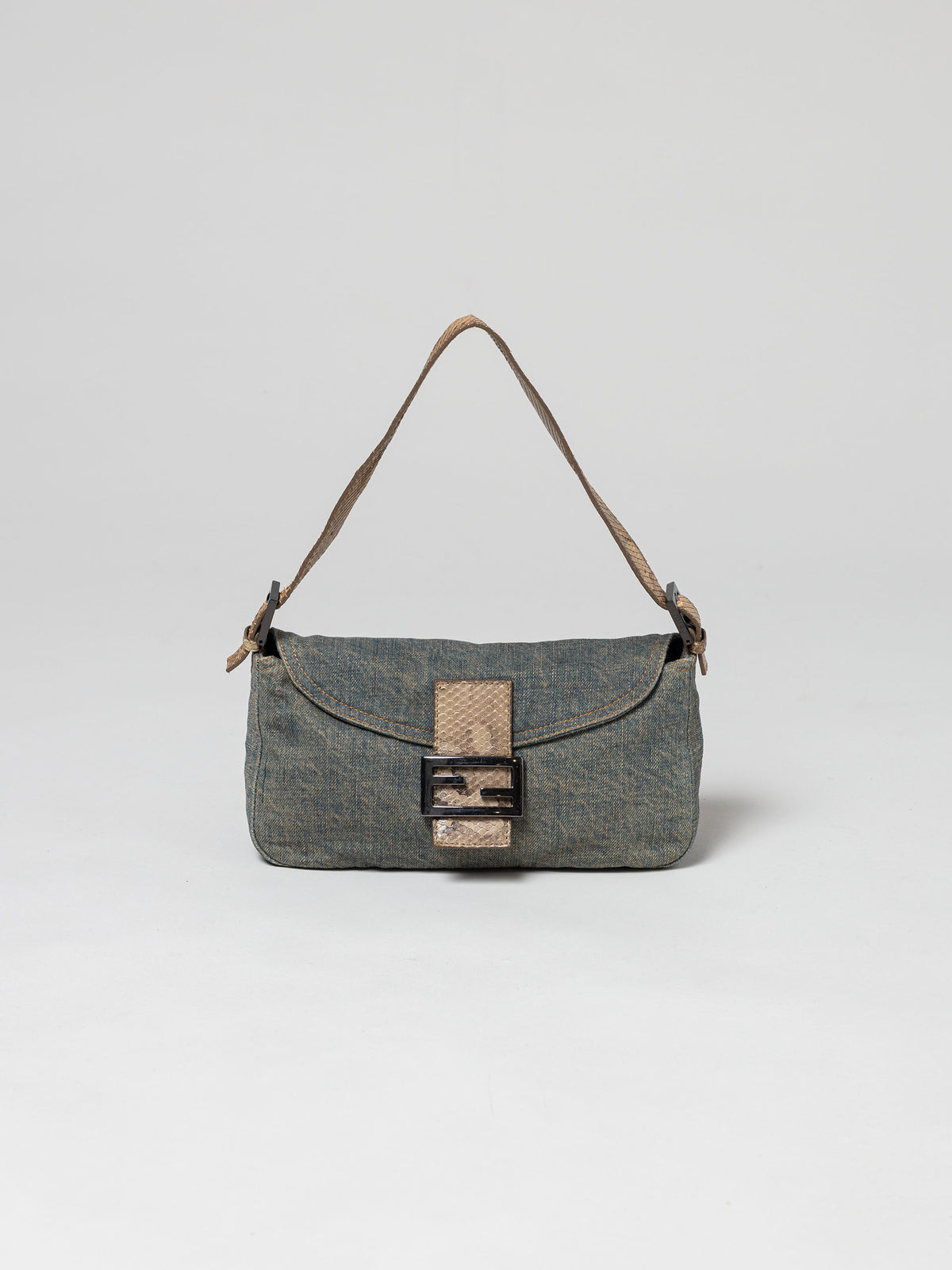 Fendi Denim Python Baguette Bag